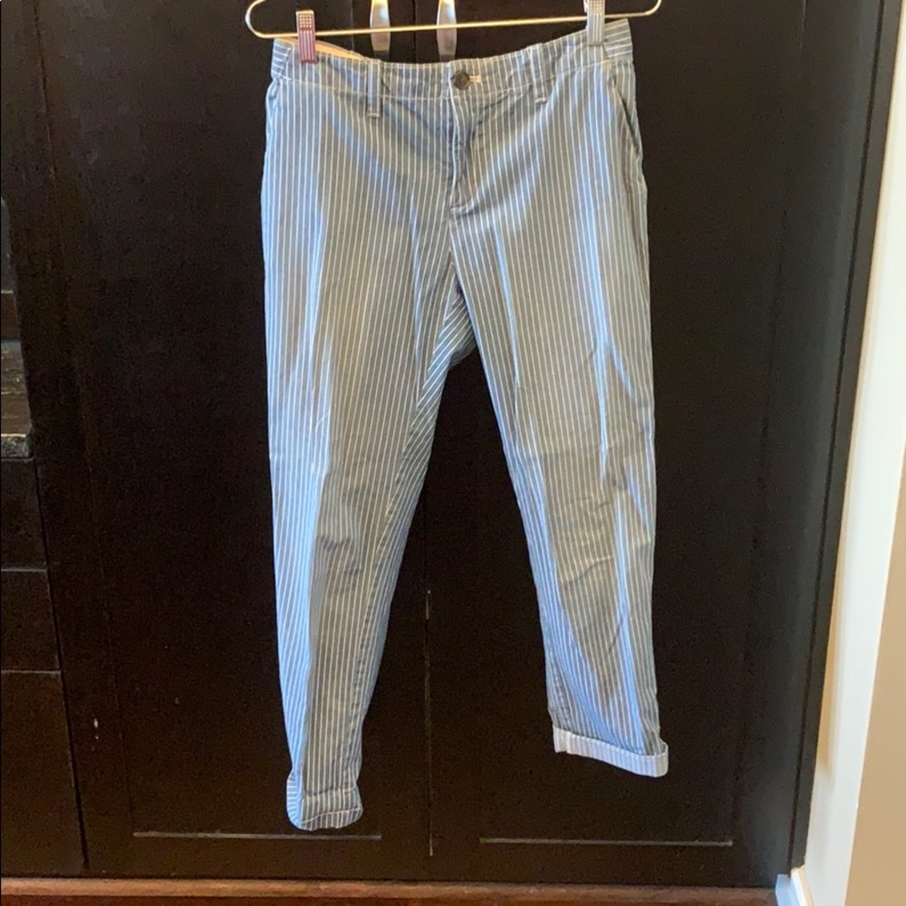 Blue and white Pin-Striped pants.